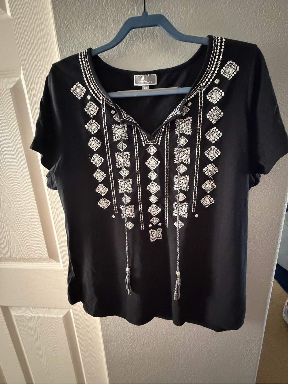 JM Collection Black Short-Sleeve Embroidered Tassel Tie Top